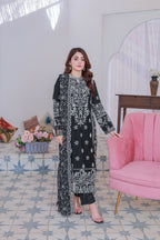 03-Piece Mahpara Embroidered Black Chiffon Suit