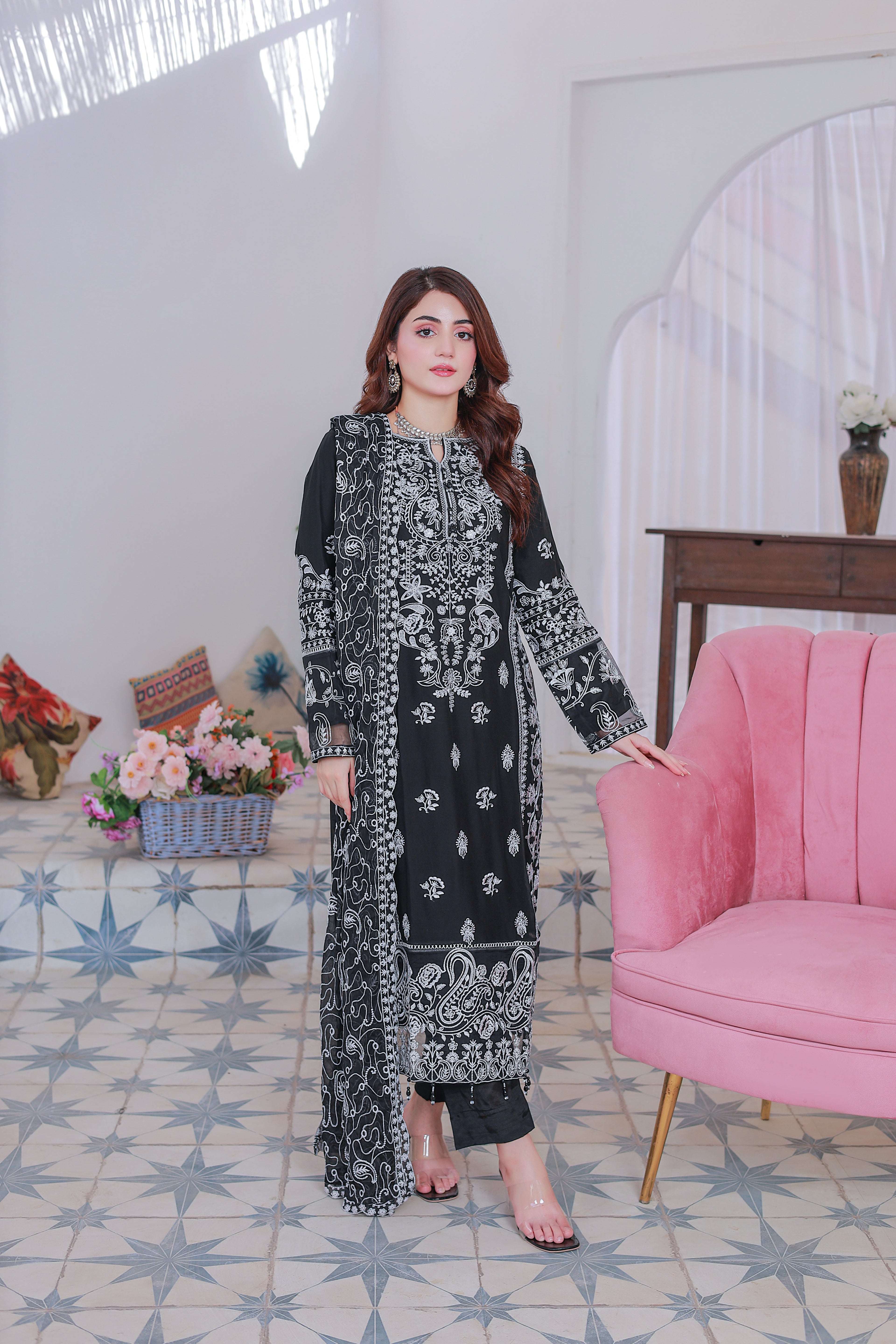 03-Piece Mahpara Embroidered Black Chiffon Suit