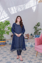 Mahpara 03-Piece Embroidered Blue Chiffon Suit