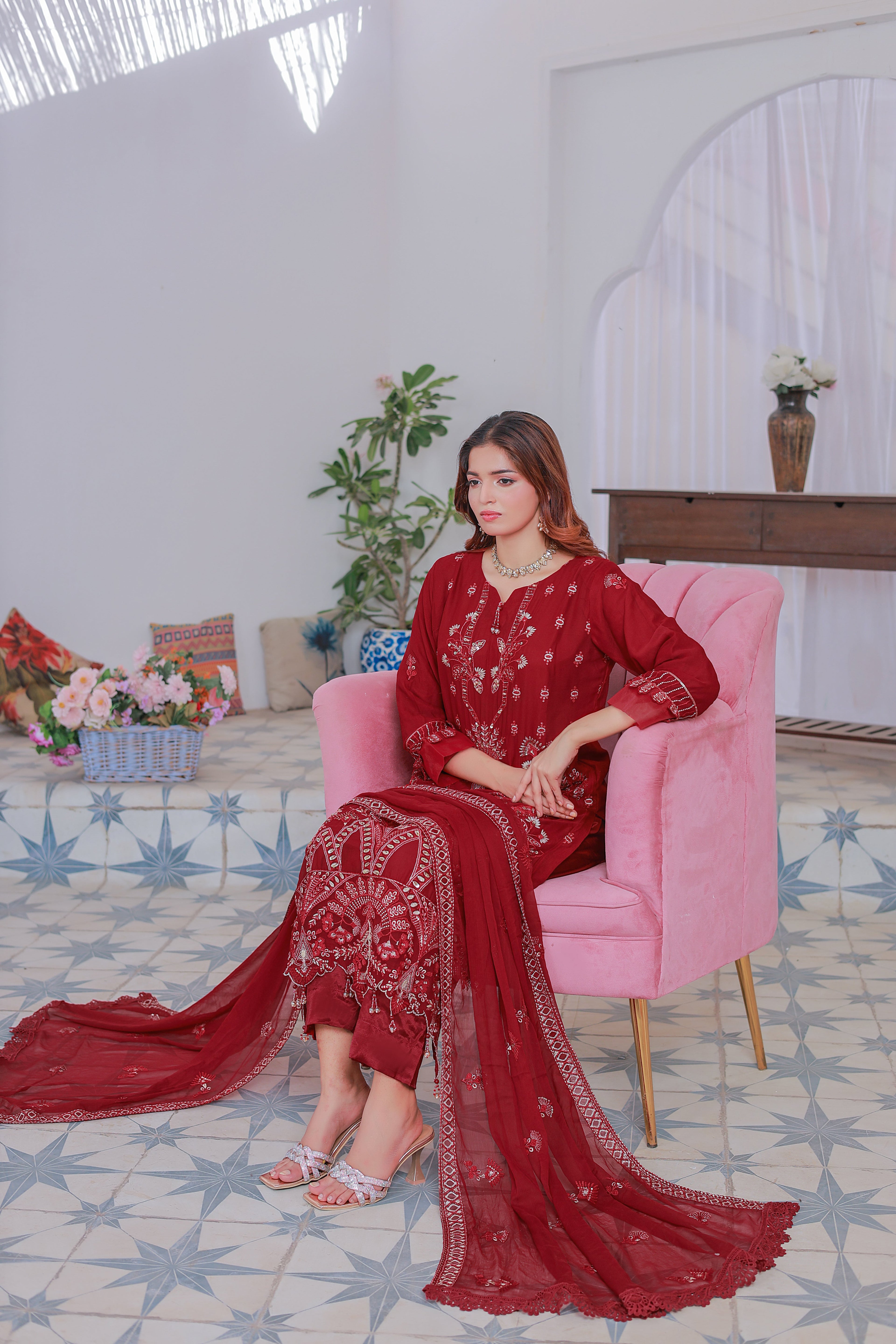 Mahpara 03-Piece Embroidered Red Chiffon Suit