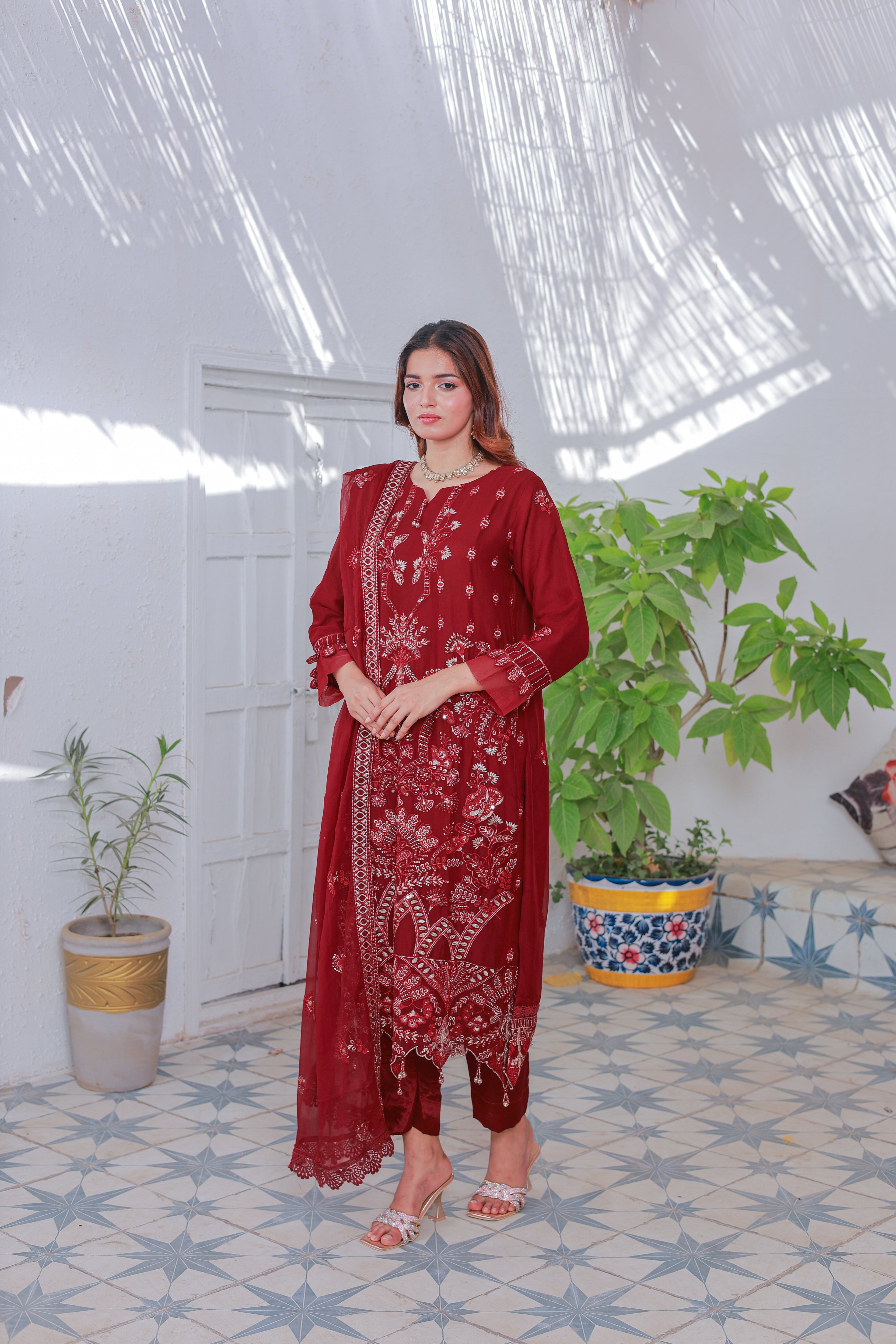 Mahpara 03-Piece Embroidered Red Chiffon Suit