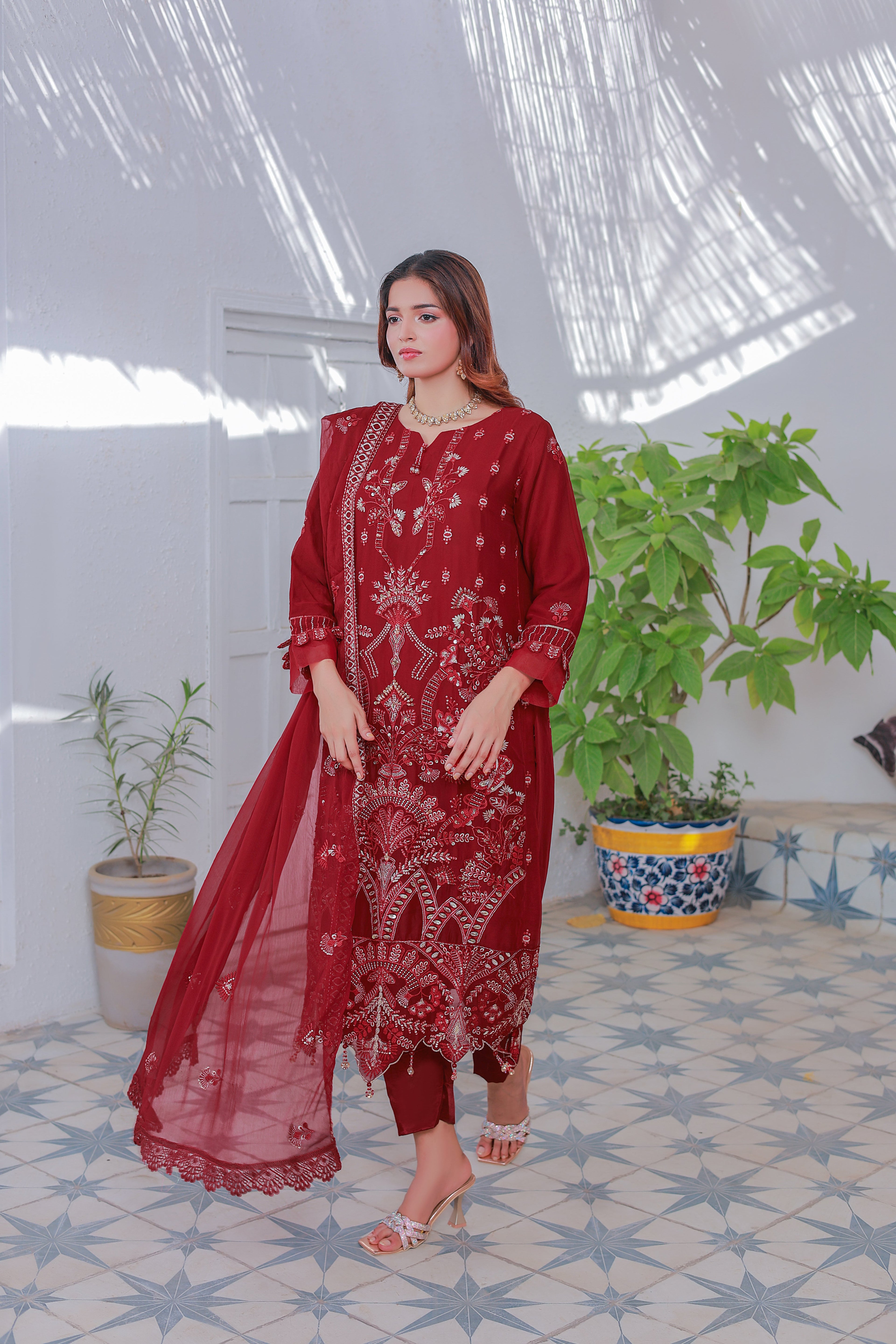 Mahpara 03-Piece Embroidered Red Chiffon Suit