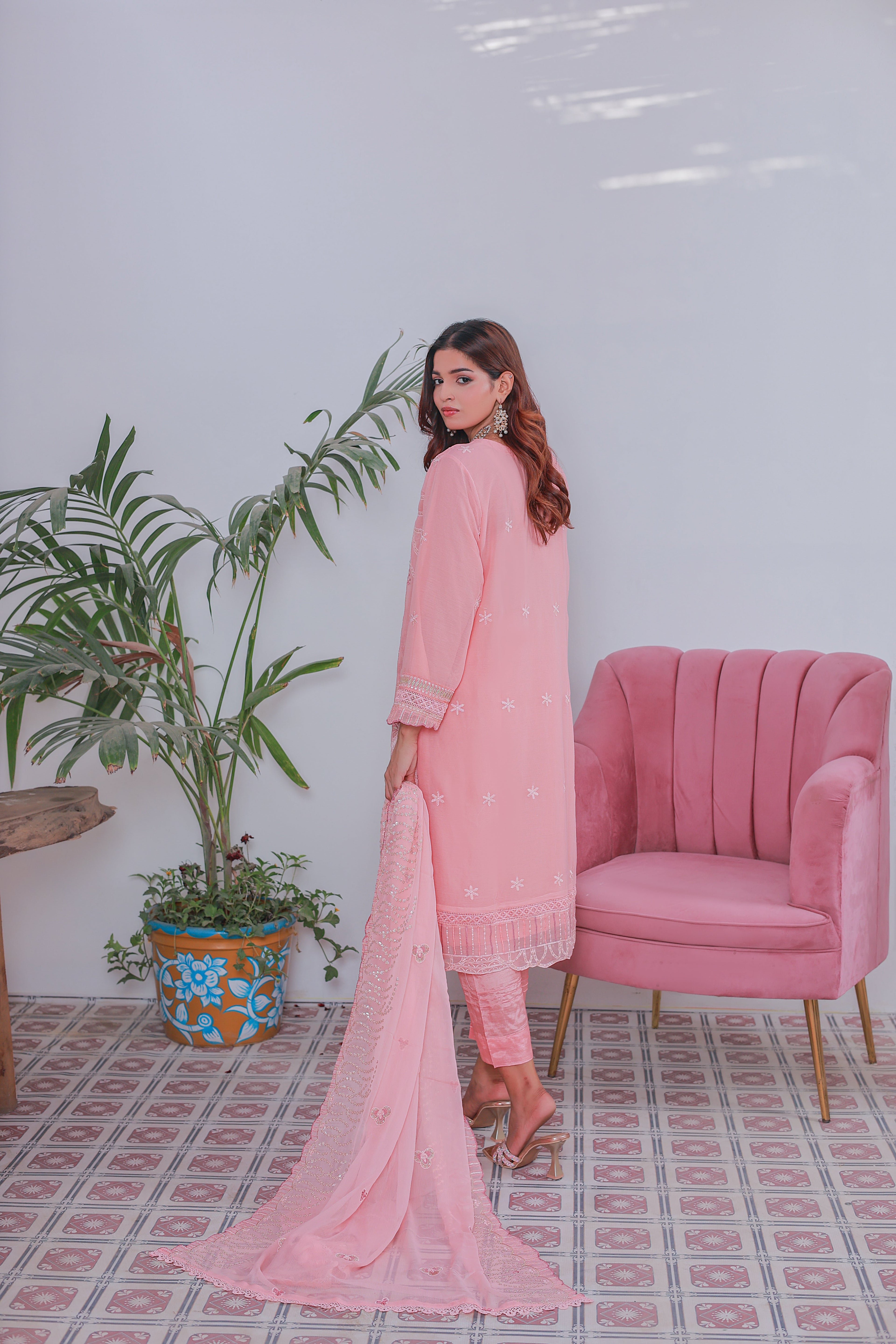Mahpara 03-Piece Embroidered Pink Chiffon Suit