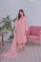 Mahpara 03-Piece Embroidered Pink Chiffon Suit