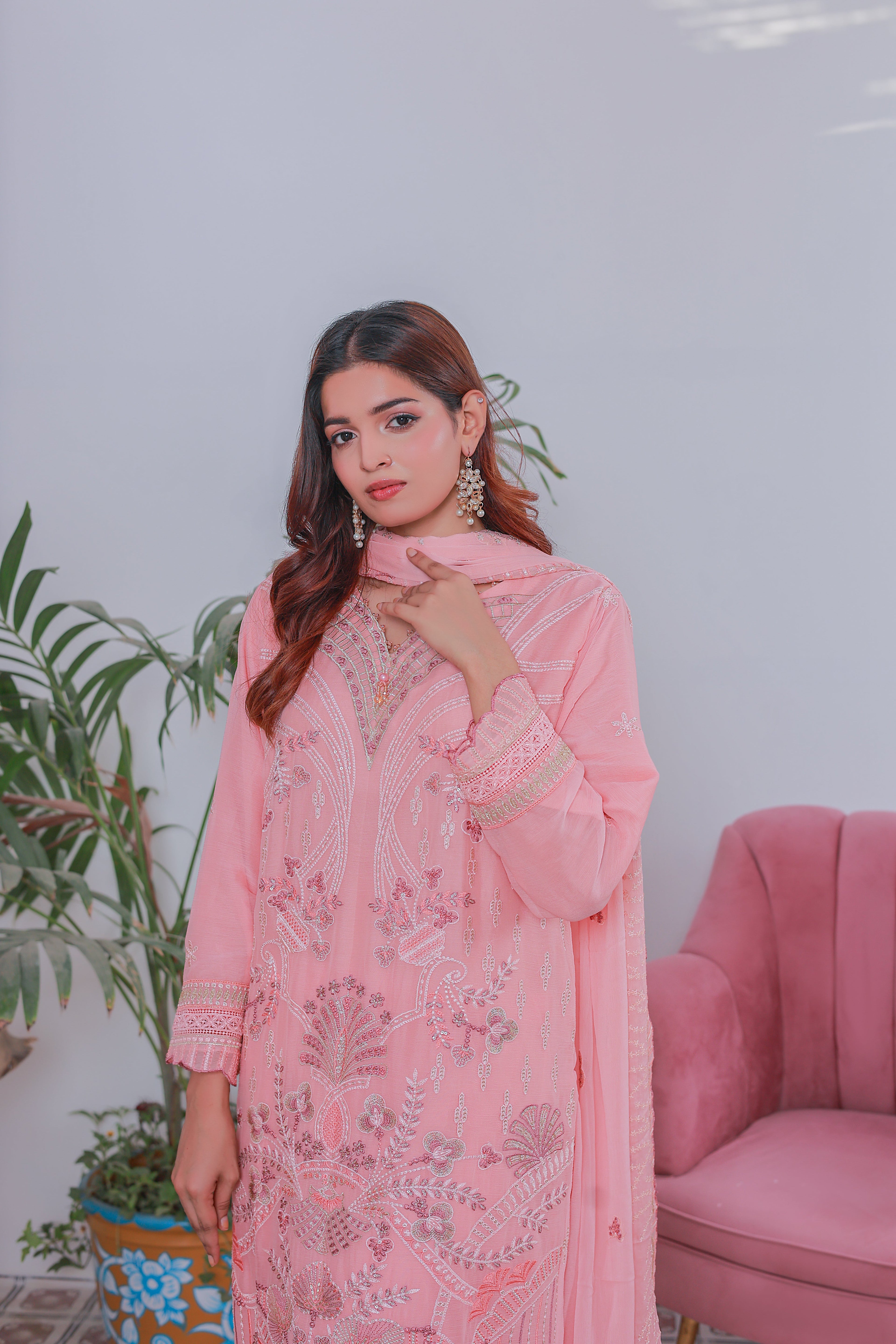 Mahpara 03-Piece Embroidered Pink Chiffon Suit